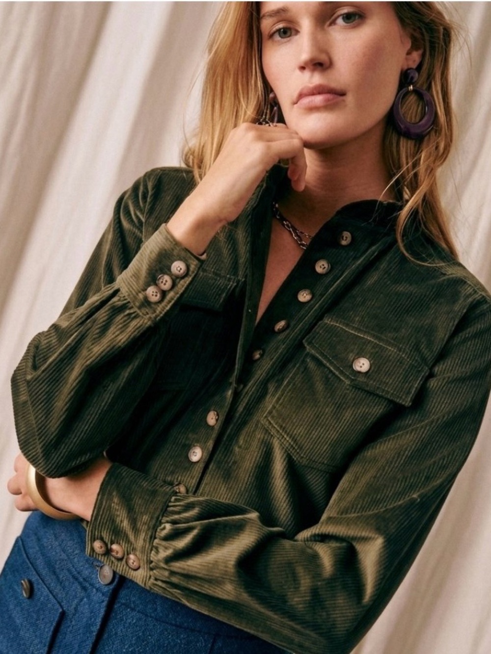 Sezane Kim Blouse 36 Corduroy Velvet Button Down  Shirt Green NWOT